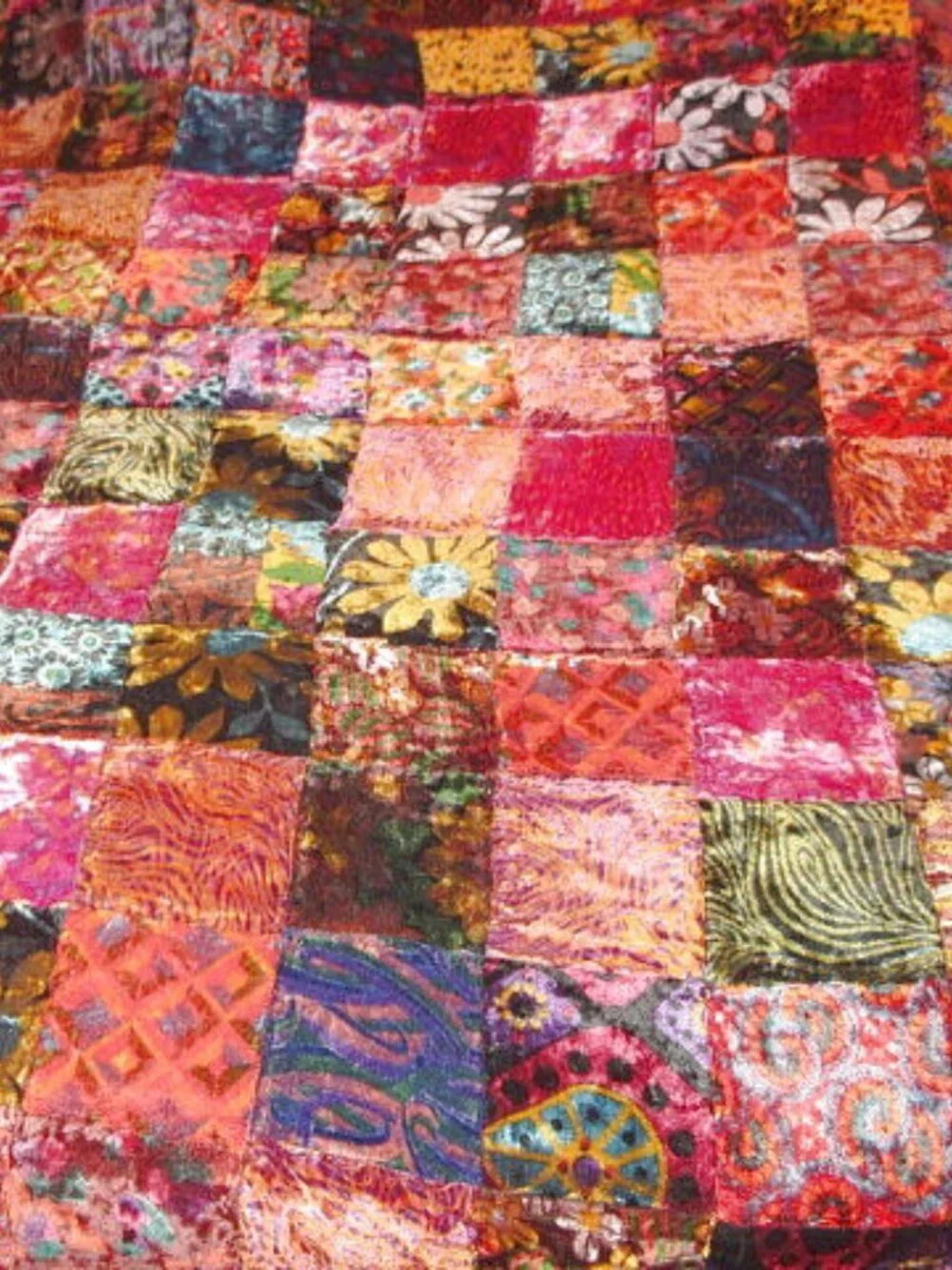 Vtg 70s Velvet Patchwork Quilt King / Cal. King Handmade Groovy Psychedelic Boho